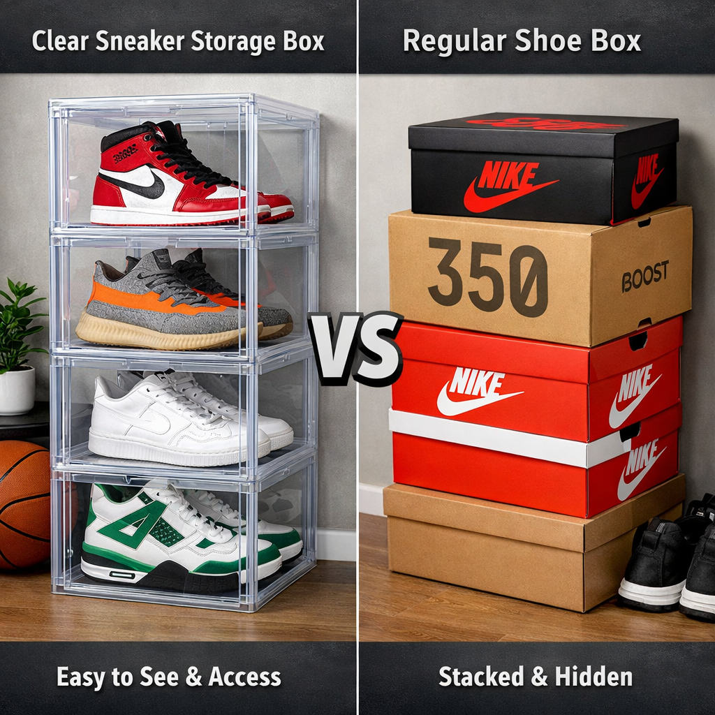 transparent sneaker storage box setup modern room